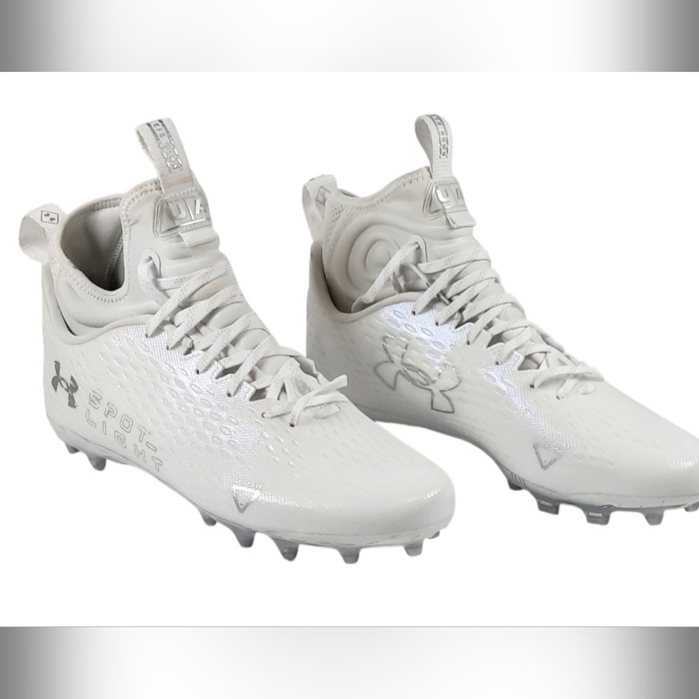 Under Armour Men's Spotlight Lux MC 2.0 football cleats in white with metallic